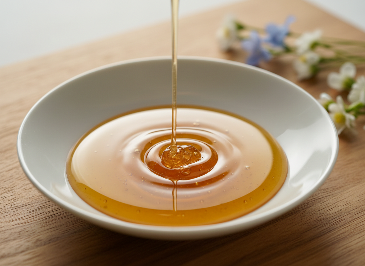 A close-up of a pristine, shallow white ceramic dish capturing a glossy pool of seasonal Japanese honey, its surface rippling as a thin stream drips slowly from an unseen wooden dipper above the frame. Tiny air bubbles and minute color gradients reveal single-batch, natural variation. The dish rests on a finely grained wooden board, with small sprigs of wild coastal flowers from Omaezaki softly out of focus at the edge. Diffused morning light from a nearby window creates subtle reflections in the honey and gentle, elongated shadows. Photographic realism with a slightly elevated angle and tight composition, creating an intimate, sophisticated, and artisanal mood that highlights texture and purity.