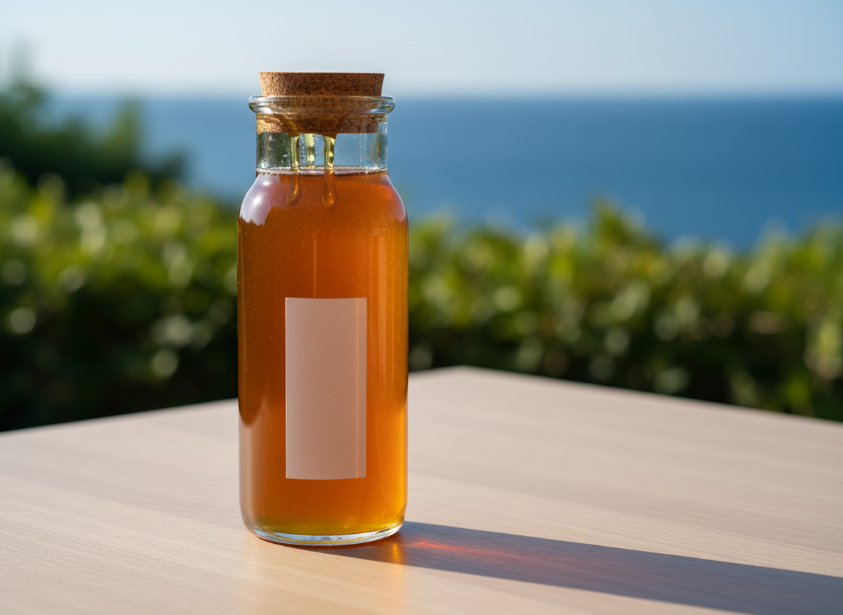 A tall, elegant glass jar of natural honey from Omaezaki, Japan, filled with rich amber-gold honey that shows subtle variations in tone, placed on a smooth, light-wood table. The jar’s simple, unbranded label area is left blank, emphasizing artisanal, small-batch authenticity rather than mass production. In the softly blurred background, hints of coastal greenery and distant ocean horizon suggest Omaezaki’s landscape. Gentle late-afternoon natural light streams from the side, creating refined highlights on the jar and slow-moving honey legs, with delicate shadows falling across the wood. Photographic realism, shot at eye level with a shallow depth of field, conveys a sophisticated, calm, and premium atmosphere, ideal as a universal hero image for a natural honey brand.